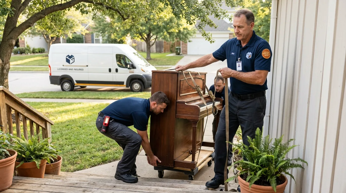 Licensed piano movers securing grand piano in Watertown, MN
