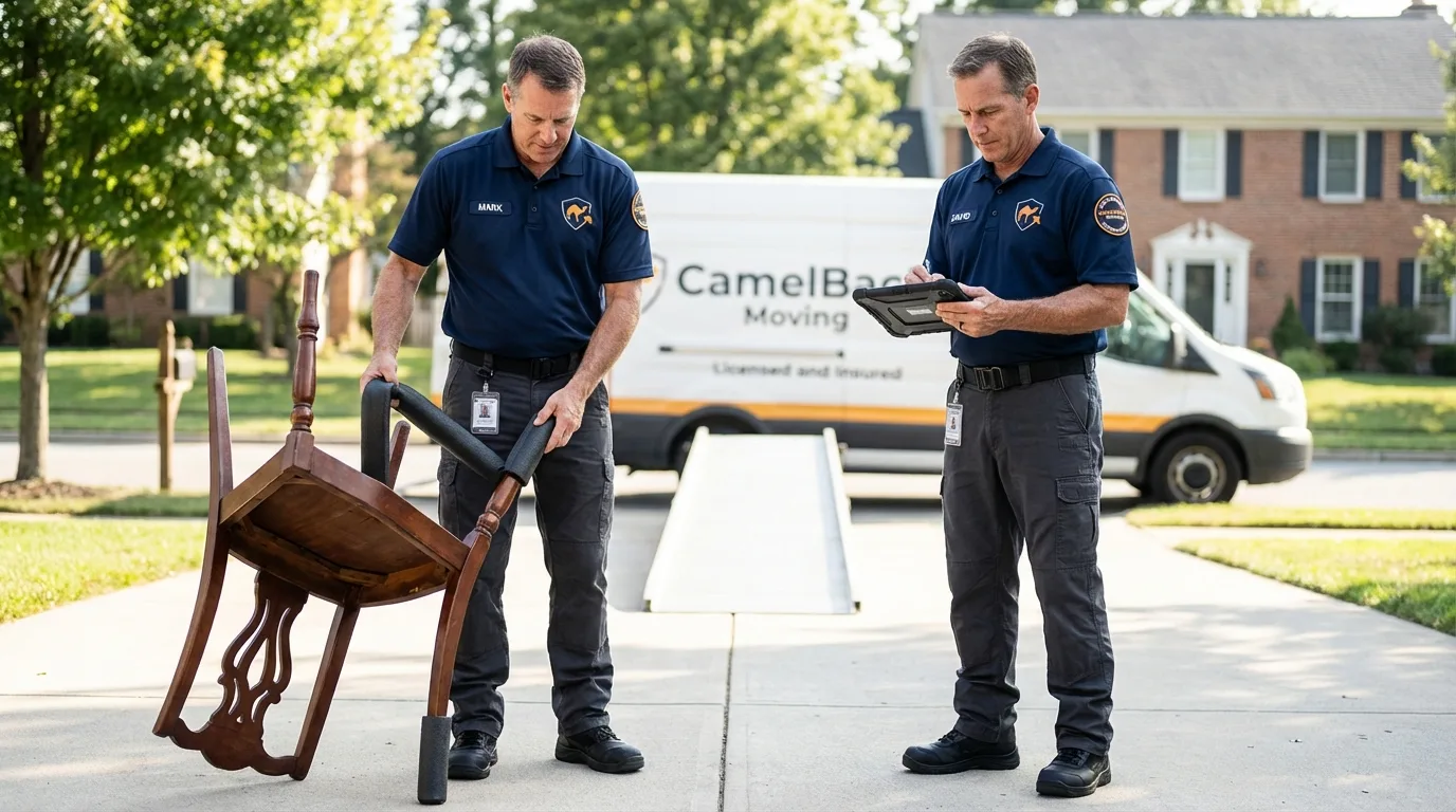 Movers inspecting furniture for damage prevention before loading in Watertown, MN
