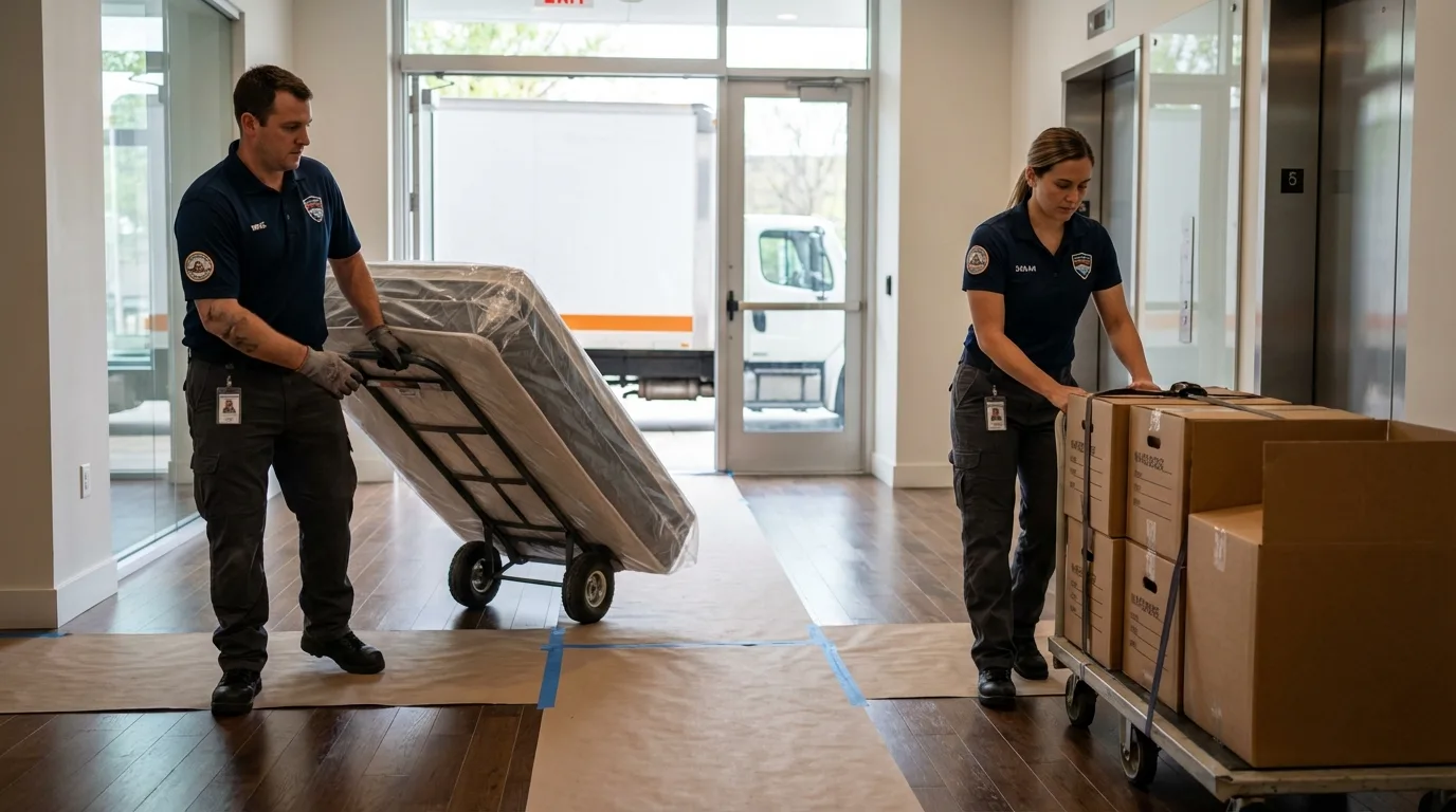 Professional apartment movers loading elevator in Watertown, MN